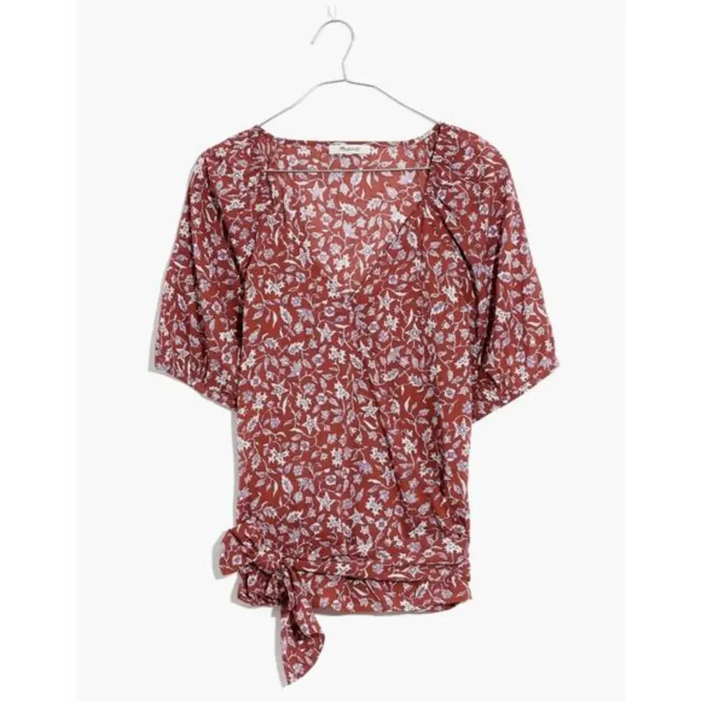 Madewell‎ Puff-Sleeve Wrap Crop Top in Batik Vine weathered brick